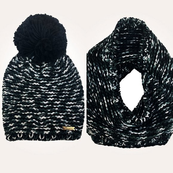 KENSIE Marled Infinity Scarf & Beanie Hat Set Black & Grey New with tags - Picture 1 of 4